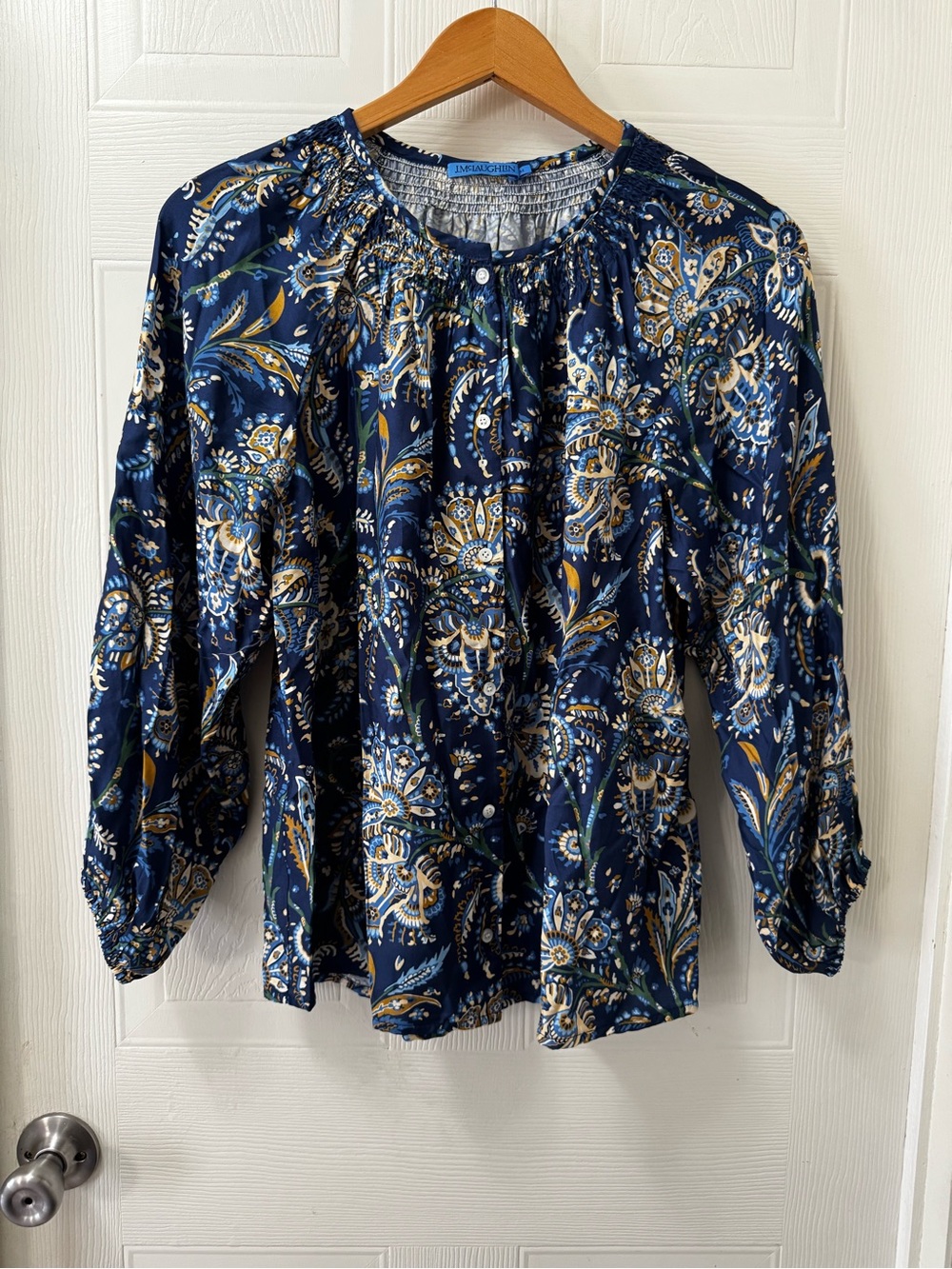 J. McLaughlin Navy Floral Smocked-Neck Blouse